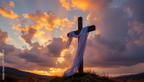 Cross made of wood with white drape under dramatic sunrise clouds, Easter concept, Christian belief and redemption, cinematic lighting