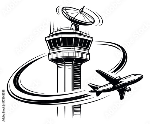 Line art illustration of an air traffic control tower and an airplane depicting departure for global travel