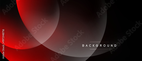 Abstract red shapes overlap black background. Gradient colors create modern visual effect. Minimalist design suitable for presentations.
