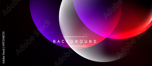 Abstract design features overlapping colorful circles. Purple, red, white gradients create dynamic visual effect against black backdrop. Modern, sleek presentation.