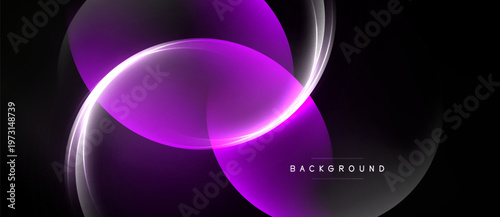 Abstract purple light shapes over black background. Smooth curves create dynamic, modern design. Minimalist aesthetic, elegant presentation.