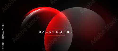 Dark background features overlapping red spheres. Gradient effects create depth, modern aesthetic. Text reads background. Simple, bold design.