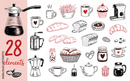 hand drawn breakfast food and drink icons set