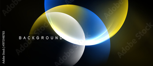 Abstract design features overlapping luminous curves. Yellow, white, blue hues blend against dark backdrop. Modern, dynamic composition.