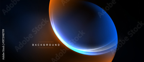 Abstract design features flowing orange, blue shapes against dark backdrop. Minimalist composition evokes energy, movement. Background text present.