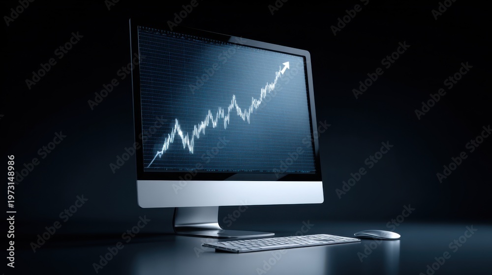 Fototapeta premium Computer screen displaying a rising stock market graph with a dark, modern background