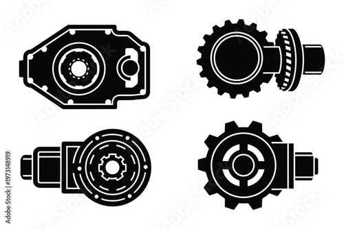 Set of black gearbox icon isolated on transparent background. mechanical gear system symbol