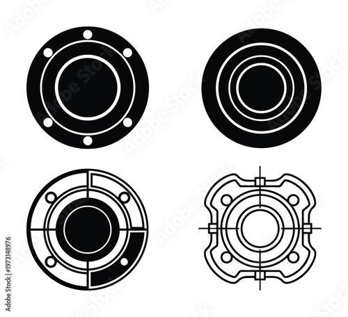 Set of black manhole cover icon isolated on transparent background. water tap drain pipe top view set