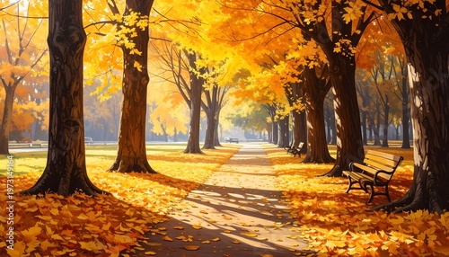 A serene autumnal scene with trees lining a path