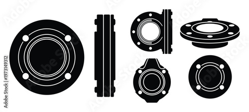Set of industrial flange icons, industrial flange vector illustration, pipe fitting symbol, connection