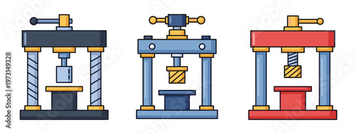 Set of industrial presses for metalworking with different colors and designs isolated on transparent background vector