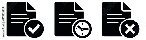 Flat document icon set featuring checkmark, clock, and cross symbols for status management