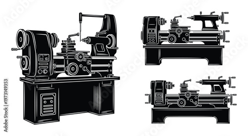 Set of lathe machines for metal processing and manufacturing, precise engineering tools in black and white