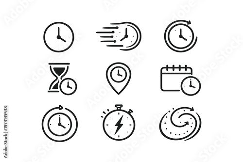 Nine distinct icons representing various concepts of time and activity management