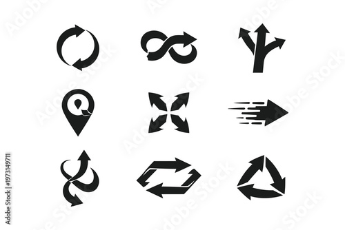 Collection of various directional and navigation icons in a grid layout
