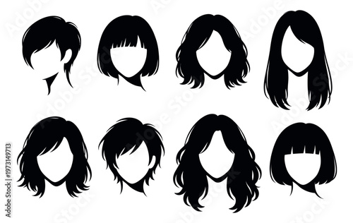 Graphic women's hairstyles set featuring various short, medium, and long haircuts for beauty and fashion design