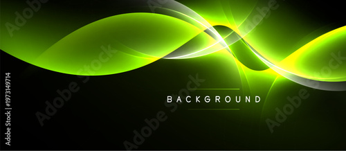 Abstract vibrant waves, green yellow hues, dark background. Modern design element, dynamic flow, smooth curves. Text reads background.