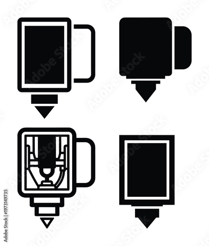 Technical drill bit machine head icons with internal and external views for manufacturing and cnc production