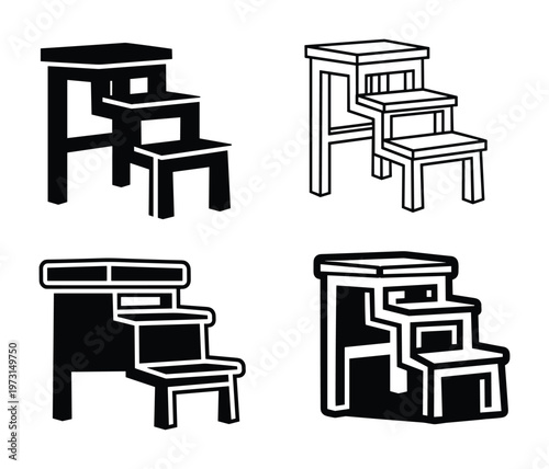 Three step ladder icon set showing various styles including solid and outline designs on transparent background