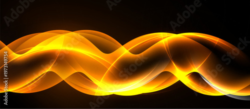 Bright orange waves flow across black background. Dynamic, smooth curves create energy, visual impact. Modern design element.