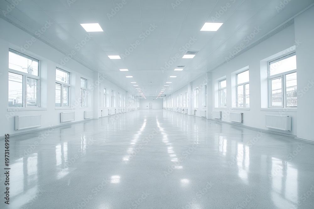 Fototapeta premium Bright, Modern, Empty Hallway with Reflective Floor and Numerous Windows