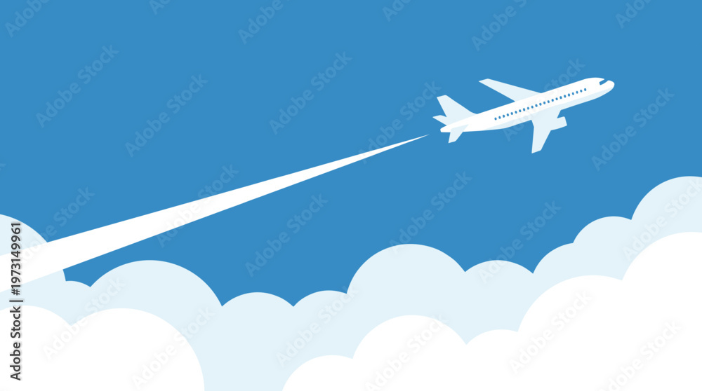 Naklejka premium White airplane flying high in blue sky above soft fluffy clouds leaving white trail behind during daylight