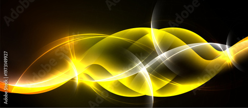 Bright yellow waves flow across black background. Smooth curves create dynamic light effect, suggesting energy, motion.
