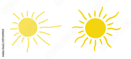 Two different hand drawn sun icons for weather prediction and summer design projects with yellow paint color
