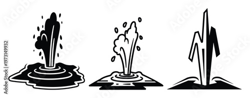 Water geyser icons set illustrating liquid spurts from ground with splash effects in black silhouette style