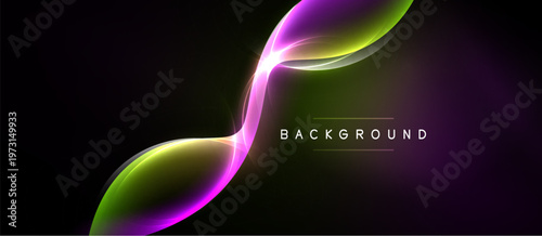 Abstract neon curves flow across dark background. Vibrant colors blend, creating dynamic visual effect. Minimalist design emphasizes light, shape.