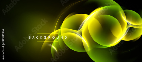 Abstract neon light shapes overlap, creating vibrant glow. Dark background emphasizes luminous curves, modern design element.
