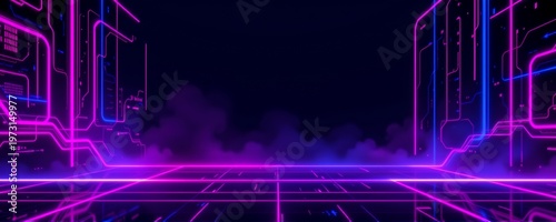 Futuristic neon purple and blue gradient background with glowing lines, cyber tech atmosphere, strong light contrast and soft shadows, copy space center, perfect for startup or SaaS website banner