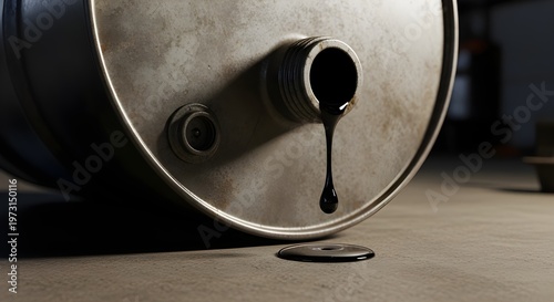 Oil leaking from a barrel while pouring oil falls to the ground.