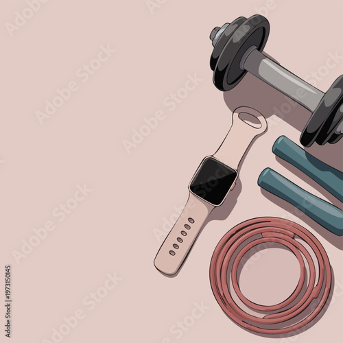 Top-Down Flat Vector Illustration of Smartwatch Beside Dumbbell and Skipping Rope Fitness Set on White Background