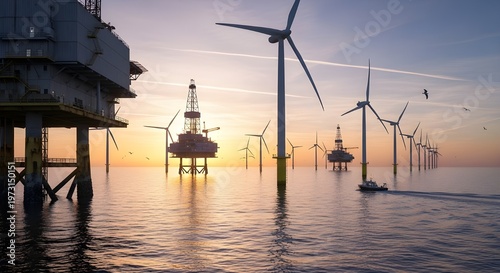 Offshore wind farm at sunset with oil rigs.jpeg
