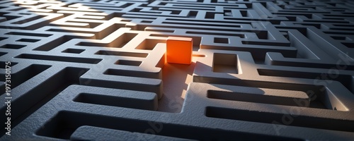 Maze with highlighted exit path under soft lighting and shadows, minimal composition, concept of problem solving, strategy