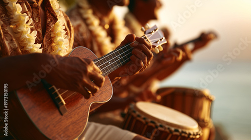 Hula Festival, Row of musicians playing ukulele together during Hawaiian hula festival performance with drums and ocean sunset creating warm tropical atmosphere