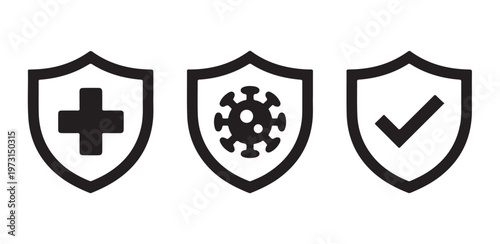 Shield icons with medical cross virus and check mark for healthcare protection concept in flat design vector.