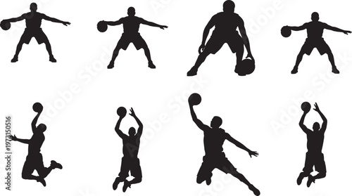 Diverse collection of dynamic basketball player silhouettes showcasing various actions like dribbling, shooting, and jumping, perfect for sports-related designs and athletic themes.