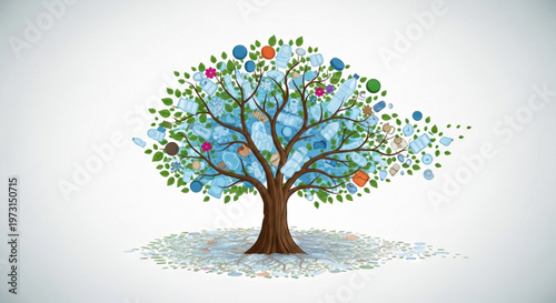 Vibrant tree with colorful leaves and orbs on branches symbolizing growth harmony and nature's beauty in a serene environment