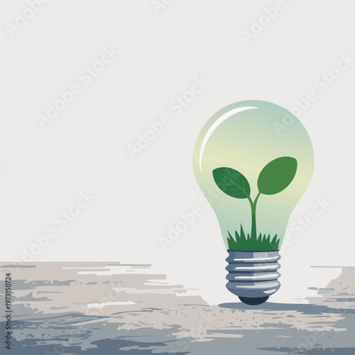 Minimal Vector Illustration of Glowing Light Bulb with Green Plant Growing Inside on White Background