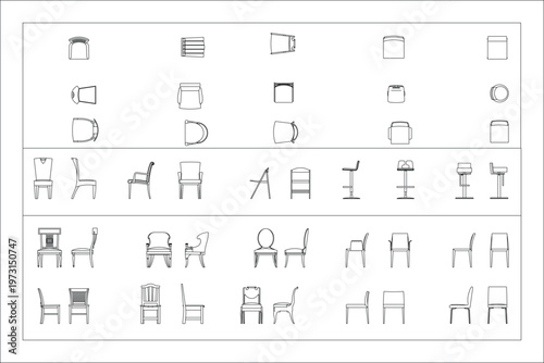 Tableau sur toile Chairs projection CAD drawing with front and side elevation views for furniture technical planning and product presentation