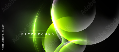 Abstract neon lines, curves, shapes create vibrant background. Green glow dominates dark space, modern design element.