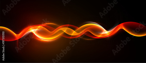 Bright orange waves flow across dark background. Smooth curves create dynamic visual effect. Energetic design evokes motion, warmth.