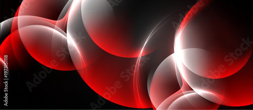 Abstract red, white shapes overlap black background. Dynamic lines create glowing effect, modern design element.
