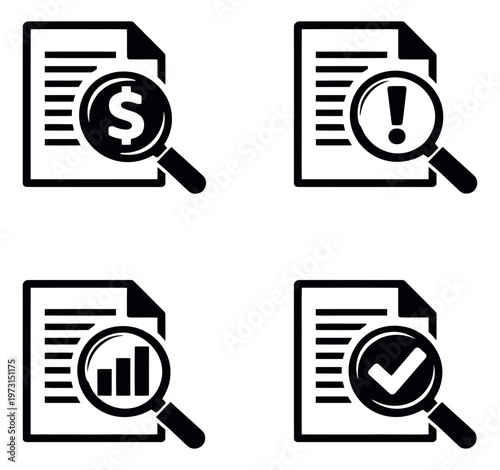 Modern icon document analysis set featuring financial, warning, data, and approval symbols for business, finance, and auditing