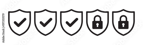 Security shield icons with checkmarks and locks indicating protection and secure access levels.