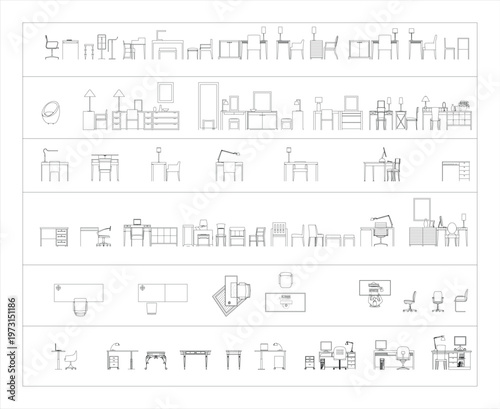 Chair and table furniture for working place, clean CAD-style vector illustration isolated on white background. EPS 10.