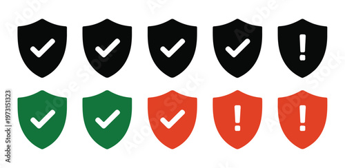 Shield icons set, protection symbol collection, safe sign in black, green, and red colors, vector design elements.