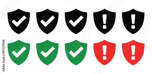 Shield icons set, protection symbol collection, safe sign in black, green, and red colors, vector design elements.